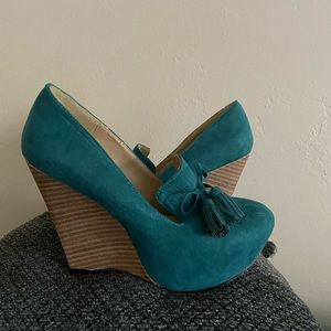 Teal wedge loafer with tassel